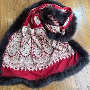 Mink Trimmed Red Wedding Banarasi Saree Silk Zari Embroidery Indian Festive